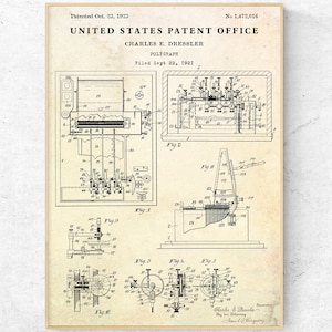 May include: A black and white vintage patent drawing for a polygraph, a lie detector machine. The drawing shows the machine's internal workings and includes detailed diagrams and labels. The patent was filed on September 22, 1921, and granted on October 23, 1923. The patent number is 1,472,016.