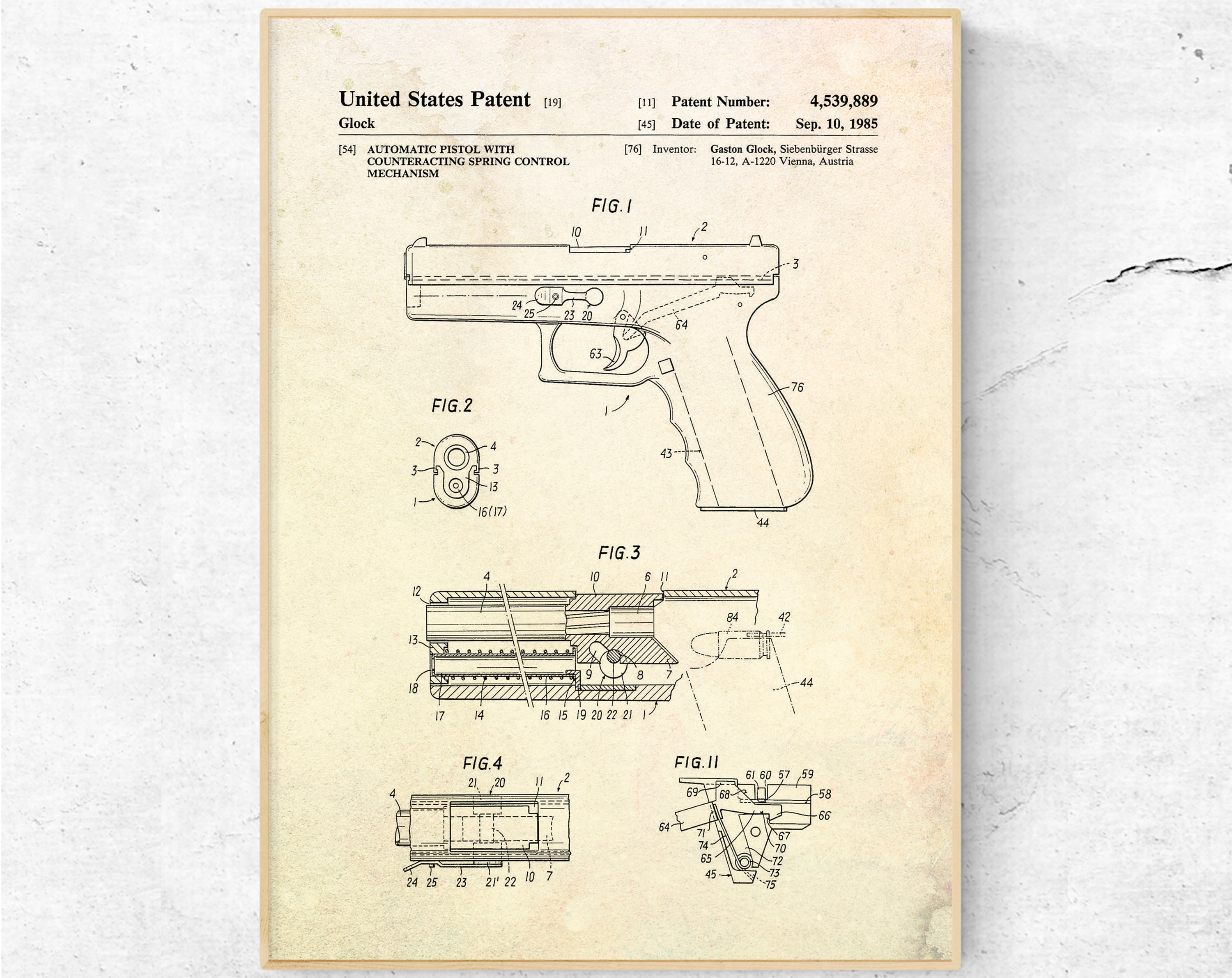 グロックの特許プリント。銃の壁飾り。銃器の壁アート。設計図の