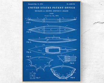 Lámina artística de patente de kayak. Póster con plano de barco. Regalo para palistas de kayak de río. Decoración para casa de lago.