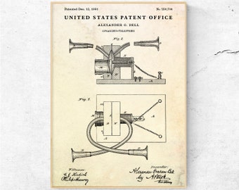 Bell Telefon 1881 Patent Zeichnung Drucken. Alexander Bell Phone Poster. Fernmeldetechnik Invention Blueprint Wandkunst. Steampunk Dekor