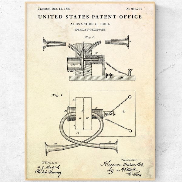 Bell Telephone 1881 Patent Drawing Print. Alexander Bell Phone Poster. Telecommunications Invention Blueprint Wall Art. Steampunk Decor