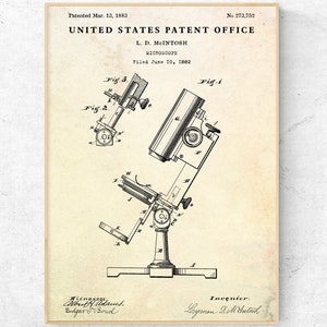 May include: A black and white line drawing of a microscope patent from 1883. The patent is titled "United States Patent Office" and "Microscope". The patent number is 273,752. The drawing shows a detailed illustration of the microscope.