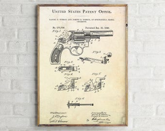 Wesson Revolver Patent, Revolver Patent art, Revolver Print, Patent Art, Patent Poster, Wall Decor, Blueprint. Gifts for Him. Mens Wall Art.