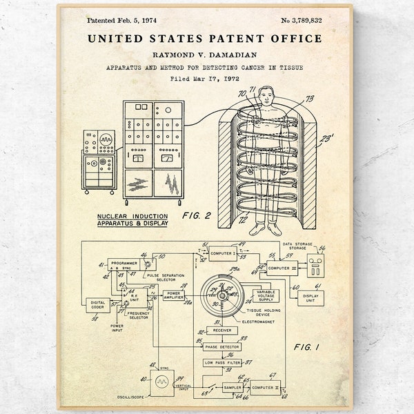 MRI Machine 1974 Patent Print. NMR Inventions, Cancer Detection, Medical Blueprint Poster. Oncology Clinic Hospital Wall Art Decor