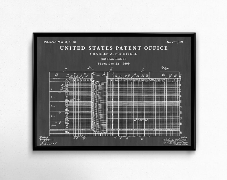 May include: Black and white image of a patent for a general ledger, patented on March 3, 1903, by Charles A. Schofield. The patent number is 721,969. The patent drawing shows a ledger with columns for date, item, debit, credit, and balance.