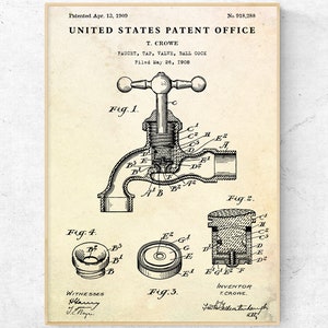 Faucet 1909 Patent Print. Water Tap, Valve Invention Blueprint Poster. Restroom Decor, Bathroom Wall Ar, Plumbing Gift, Ready to Hang Canvas