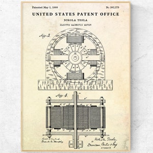 May include: A black and white vintage patent drawing for an electro-magnetic motor, patented on 1 May 1888, by Nikola Tesla. The patent number is 382,279. The drawing shows a detailed diagram of the motor with labelled parts.