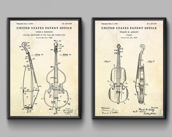 Poster con disegno di brevetto per violino e violoncello, invenzioni di strumenti ad arco, decorazione vintage per sala da musica, set di 2 stampe