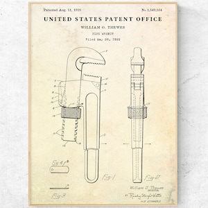 Pipe Wrench 1925 Patent Print. Vintage Tools Blueprint Poster. Garage, Workroom Man Cave Wall Art, Plumber Gift, Workshop Decor