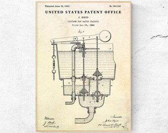 Water Closet Patent Art Print, 1883, Bathroom Vintage Wall Decor, Toilet Blueprint