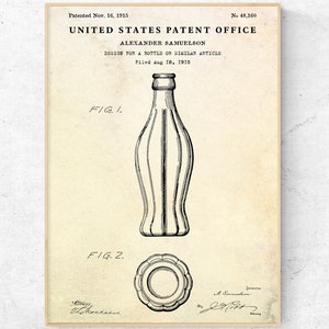 Vintage Coca-Cola Bottle Design 1915 Patent Print. Coke Bottle Blueprint Poster. Kitchen Bar Wall Art. Retro Soda Decor