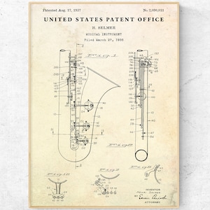 Saxophone 1937 Patent Print. Brass Instruments Inventions Blueprint Wall Art. Saxophone Player Gift. Sax Poster. Ready to Hang Canvas