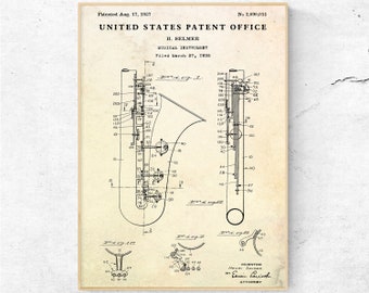 Saxophone Patent Print, 1937, Brass Instrument Blueprint Art