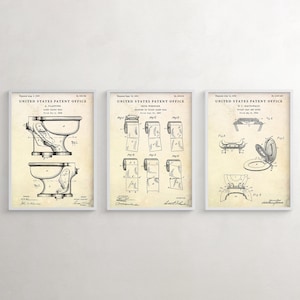 Decorazione da parete per bagno vintage, set di 3 poster di brevetti, carta igienica, sedile e copriwater, tazza del water, progetto di WC, arredamento retrò eclettico per la casa