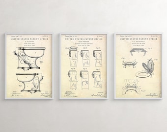 Vintage Bathroom Wall Art, Set of 3 Patent Posters, Toilet Paper, Toilet Seat & Cover, Toilet Bowl, WC Blueprint, Eclectic Home Retro Decor