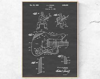 Fender Guitar Patent Print. Electric Guitar Blueprint Poster. Guitar Home Decor. Musician Gift. Music Room Wall Art