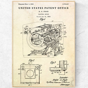 Clothes Dryer 1955 Patent Print. Inventions Blueprint Wall Art. Dryer Machine Poster. Laundry Room Vintage Decor. Ready to Hang Canvas