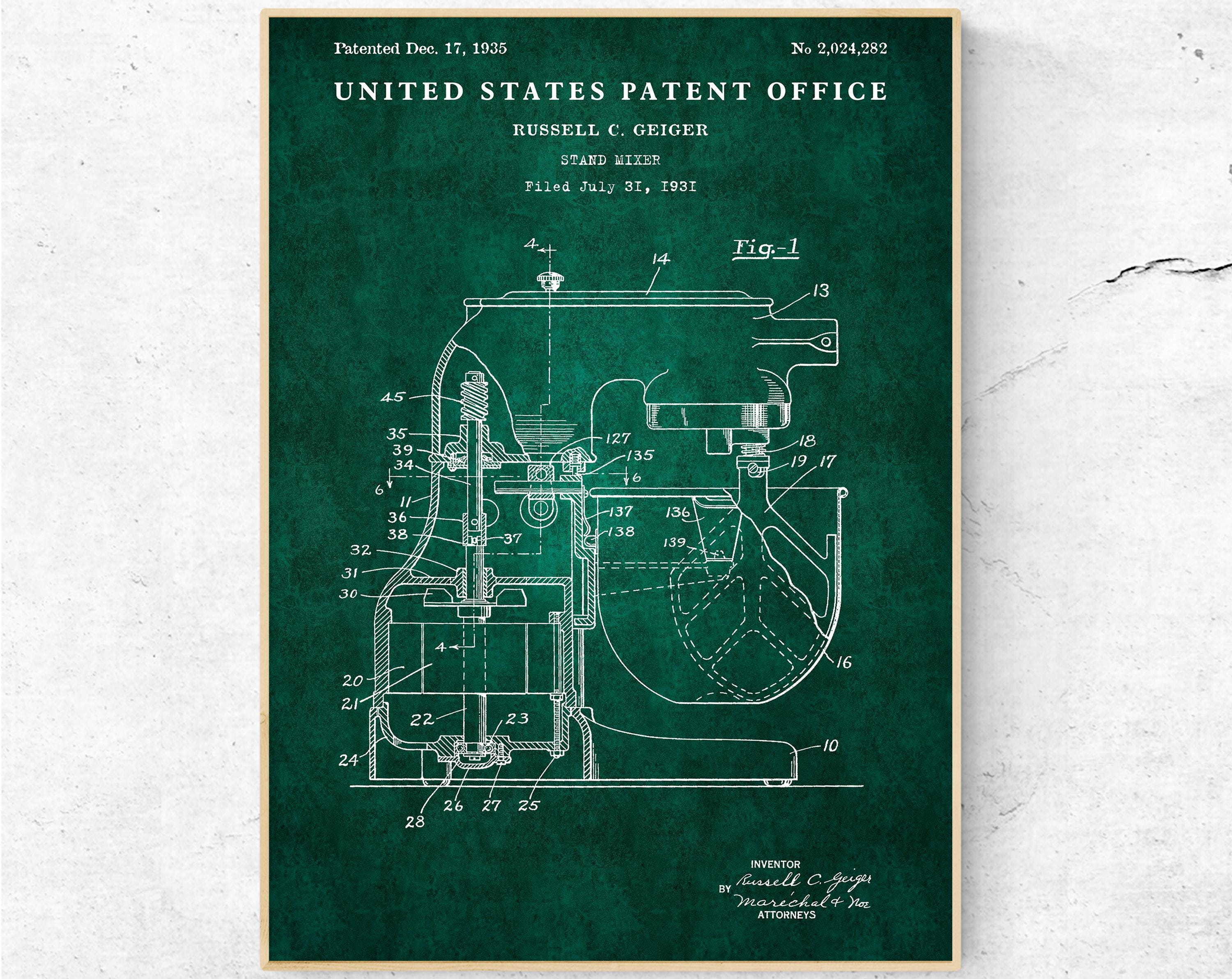 Stand Mixer 1935 Patent Print. Cooking Invention Blueprint Poster