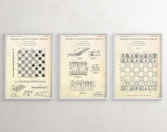 Láminas decorativas con diseños de ajedrez, damas y backgammon. Póster con planos de juegos de mesa. Decoración para noches de juegos. Juego de 3 láminas.