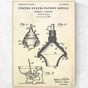 Toilet Plunger 1958 Patent Print, Restroom Blueprint Poster, Bathroom Wall Art Vintage Decor, Lavatory, WC Sign, Ready to Hang Canvas