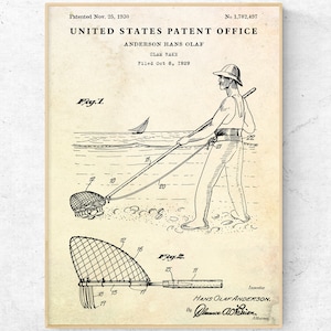 May include: A black and white illustration of a patent for a clam rake. The illustration shows a person using the rake to collect clams from the ocean floor. The patent number is 1,782,497 and was filed on October 8, 1929. The patent was granted on November 25, 1930, to Hans Olaf Anderson.