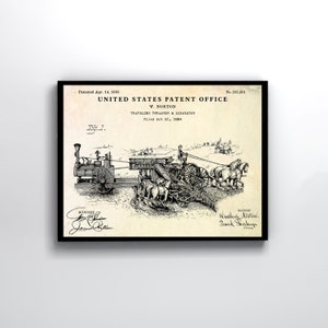 Puede incluir: Impresión enmarcada de una ilustración de patente vintage. El dibujo en blanco y negro muestra una trilladora y separadora móvil tirada por caballos, con elementos técnicos detallados. El texto incluye detalles de la patente y el nombre de W. Norton.