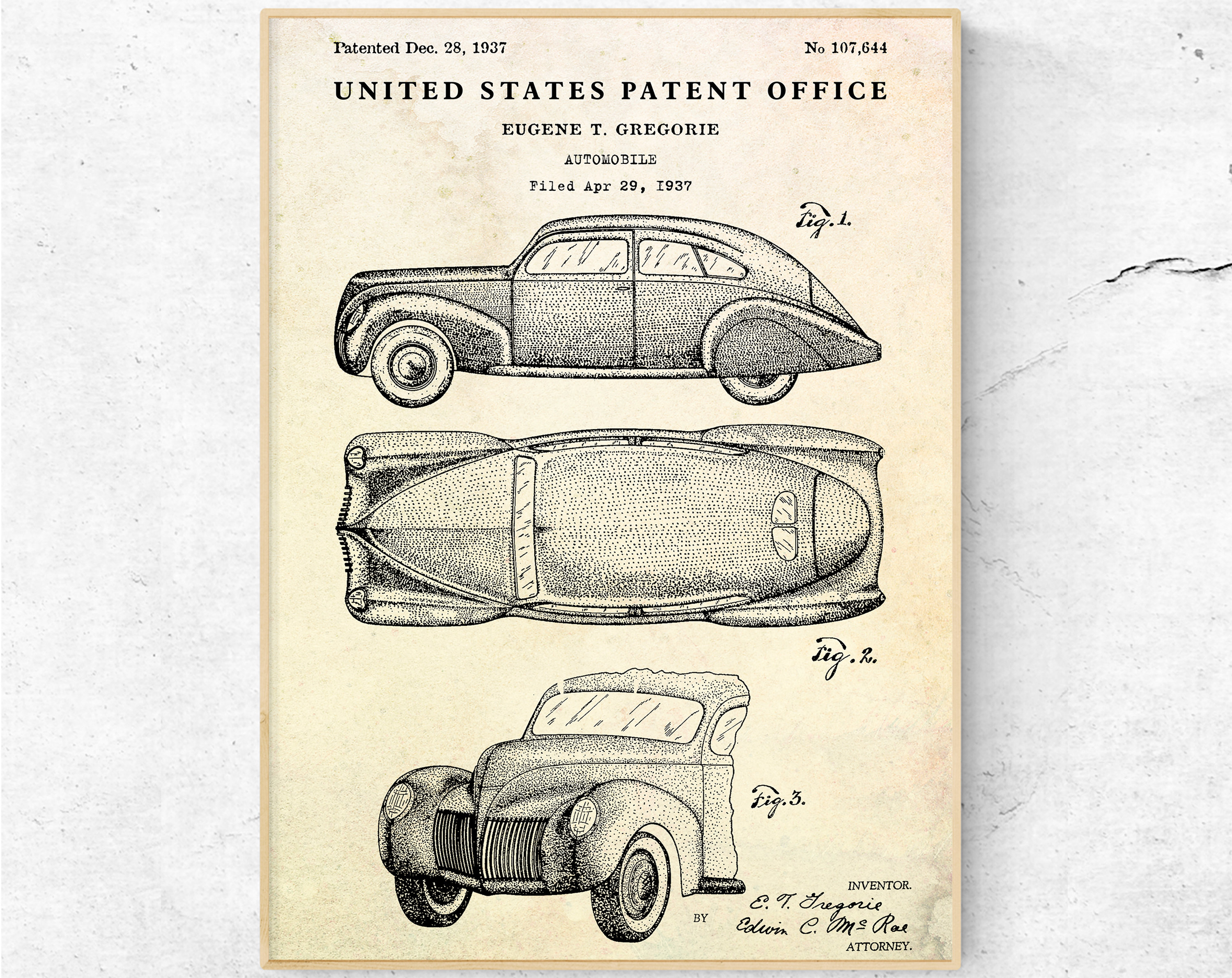 リンカーン・ゼファー自動車デザイン 1937年特許図面。昔ながらの車
