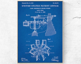 Water Wheel 1900 Patent Prin, Renewable Energy Inventions, Blueprint Wall Art, Hydroelectricity Poster