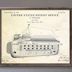 Steampunk Wall Art, Airship 1893 Patent Print. Aircraft Vintage Inventions Blueprint Poster