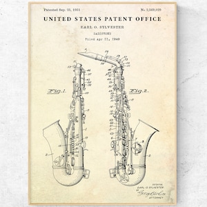 Saxophone 1951 Patent Print. Wind Instrument Invention Blueprint Poster. Saxophonist Gift. Jazz Sax Wall Art