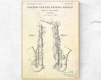 Saxophone 1951 Patent Print. Wind Instrument Invention Blueprint Poster. Saxophonist Gift. Jazz Sax Wall Art