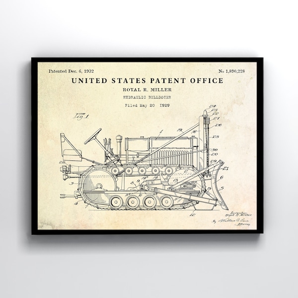 Bulldozer 1932 Patent Print. Earthmoving, Grading Inventions Blueprint Poster. Heavy Equipment Construction Decor. Ready to Hang Canvas