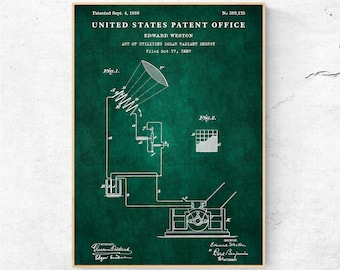 Solar Energy Patent Print, Edward Weston 1888 Blueprint Wall Art
