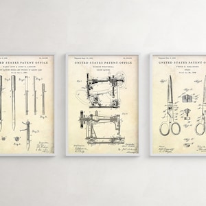 Sewing Room Wall Art: Sewing Machine, Needles & Shears Patent Prints. Craft Vintage Decor. Seamstress Gift, Set Of 3 Posters