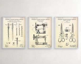 Sewing Patent Prints: Vintage Sewing Machine, Needles, Shears, Seamstress Gift, Set of 3