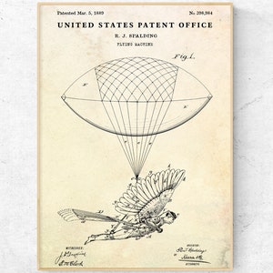Flying Machine 1889 Patent Print. Aviation Vintage Invention. Aircraft Antique Wall Art. Steampunk Decor. Blueprint Poster