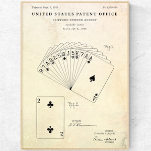 Naipes 1926 Impresión de patente, Póster de planos de invenciones, Juegos de cartas Arte de pared vintage, Decoración de la cueva del hombre