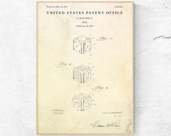 Dice Patent 1923 Print, Kasino Glücksspiel Poster, Craps Wandkunst, Brettspiel Wanddekor, Vintage Blueprint