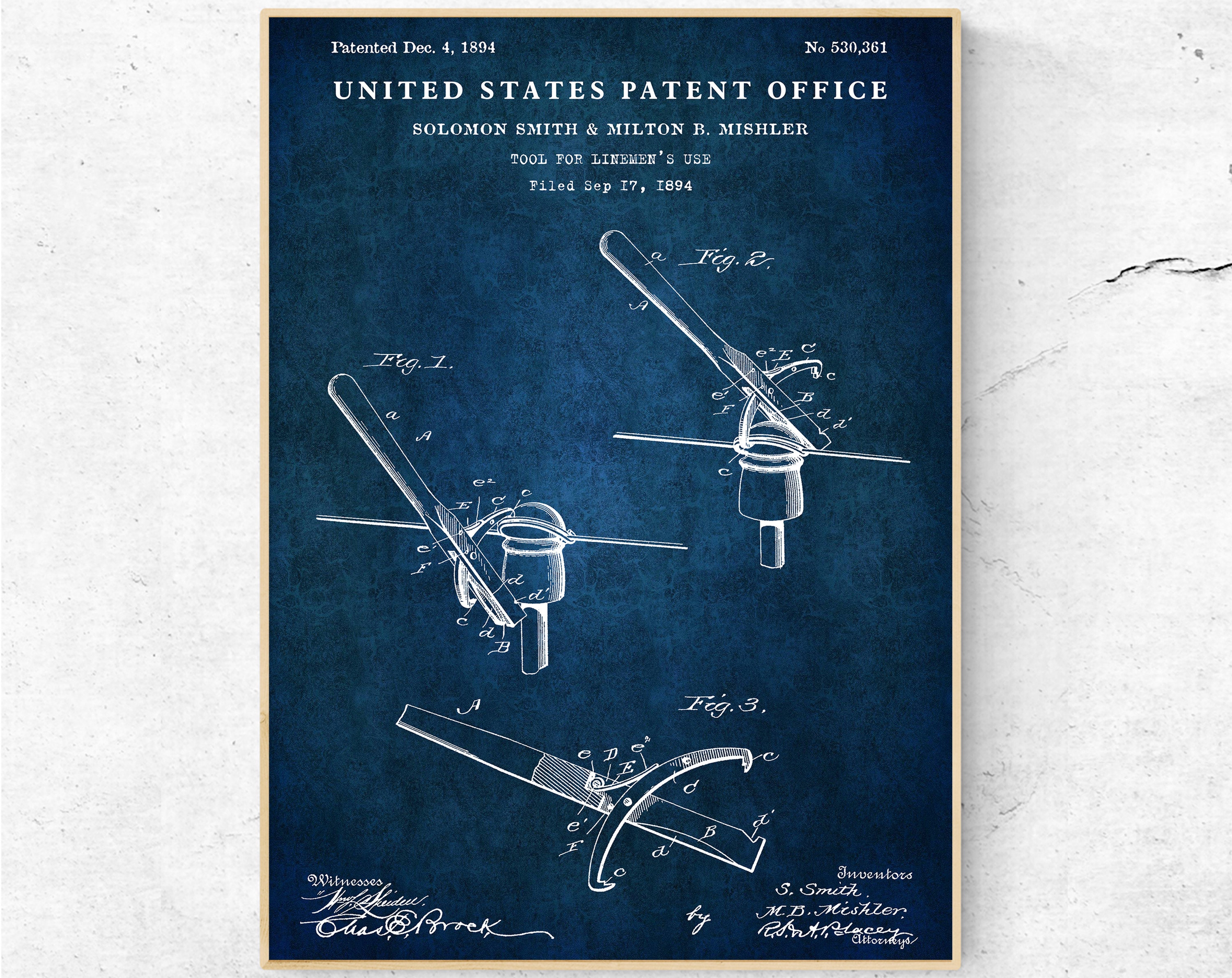 Lineman Tool 1894 Patent Print. Lineman Gift, Electrician