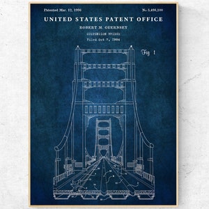 May include: A blueprint of a suspension bridge patent drawing, with the title "United States Patent Office" and the text "Robert M. Guernsey, Suspension Bridge, Filed Oct 7, 1994, Fig 1".