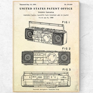 Boombox 1990 Patent Print. Music Vintage Inventions Blueprint Poster, Man Cave Wall Art Audiophile Gift