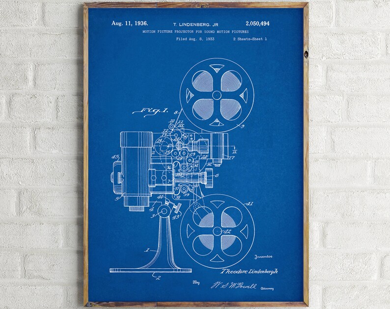 Projector Patent 1936. Patent Print. Movie Poster. Projector Patent. Home Theater Decor. Film Projector. Patent Wall Art. Patent Drawing. Blueprint