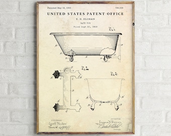 1905 Bathtub Patent Print, Vintage Bath Invention Blueprint Poster