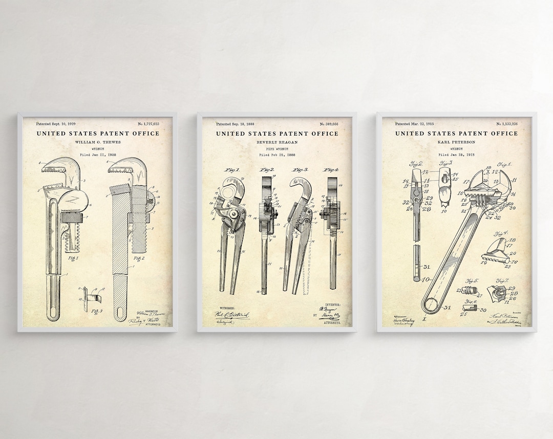 Wrench Evolution Patent Wall Art, Pipe Wrench Inventions, Plumbing
