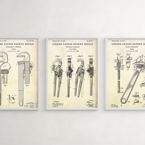 Wrench Evolution Patent Wall Art, Pipe Wrench Inventions, Plumbing Tools Blueprint Poster, Locksmith Plumber Gift, Set of 3 Prints