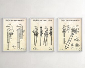 Pipe Wrench Patent Art Prints, Plumbing Tools Blueprint, Set of 3 Posters