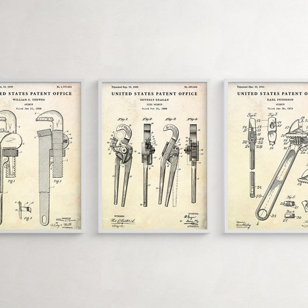 Arte de pared de patente de evolución de llave, invenciones de llaves de tubo, póster de planos de herramientas de plomería, regalo de plomero de cerrajero, conjunto de 3 impresiones