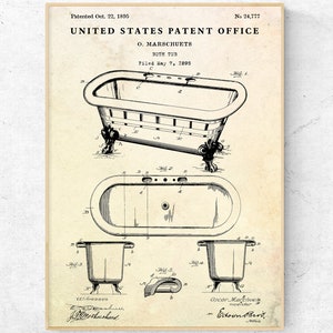 Bathtub 1895 Patent Print. Vintage Bath Wall Art. Antique Tub, Plumbing Invention Blueprint Poster, Bathroom Rustic Decor