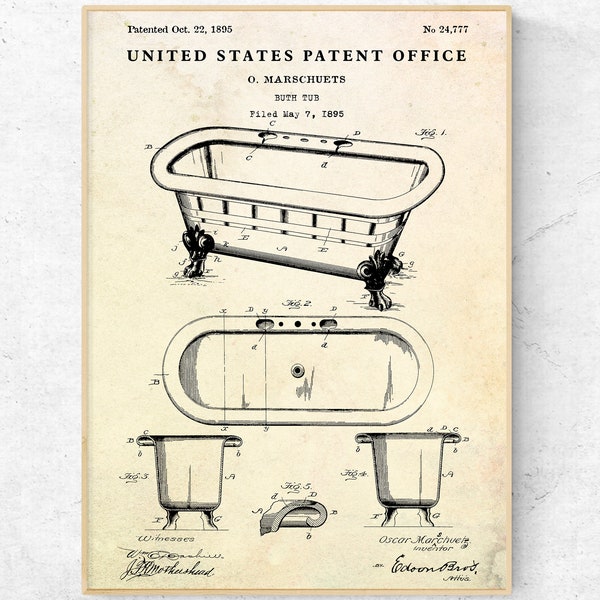 Badewanne 1895 Patent Print. Vintage Bad Wandkunst. Bad Invention Blueprint Poster, Badezimmer Dekor, Fertig zum Aufhängen Leinwand