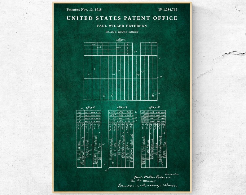 May include: A vintage green patent document for a bridge score sheet, patented on November 12, 1918, by Paul Willer Petersen. The document includes a diagram of the score sheet and a table of instructions.